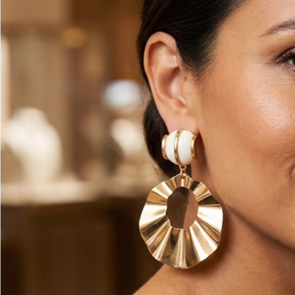 Thalia Sodi Gold and Cream Sculpted Drop Earrings with Enamel Tops